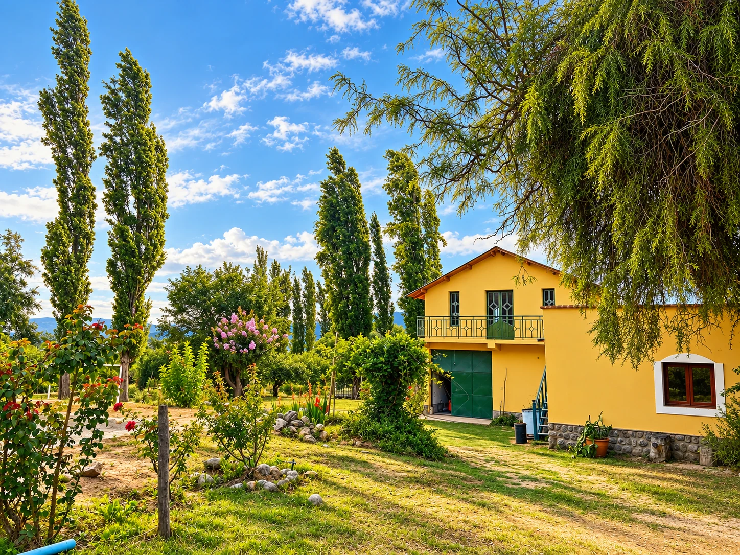 Casa amarilla de Finca Don Pedro rodeada de árboles y jardines