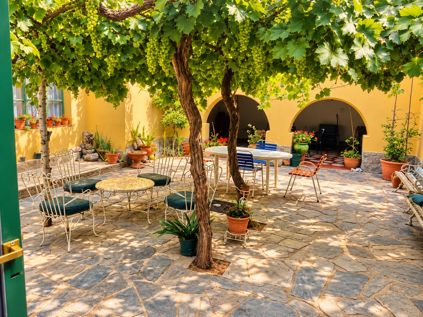 Patio interior de Finca Don Pedro bajo su parra de uvas