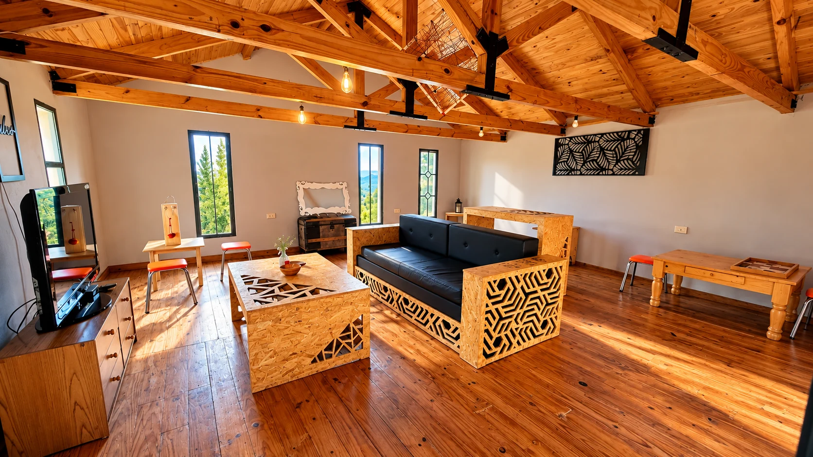 Salón amplio con techo alto de madera